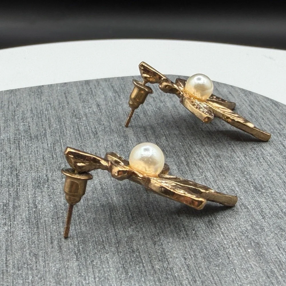 Gold Tone Pearl Leaf Drop Earrings Botanical Cottagecore Statement Jewelry Gift